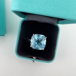 🦄 Tiffany & Co. Checkerboard Blue Topaz Sparkler Ring 18k White Gold RARE